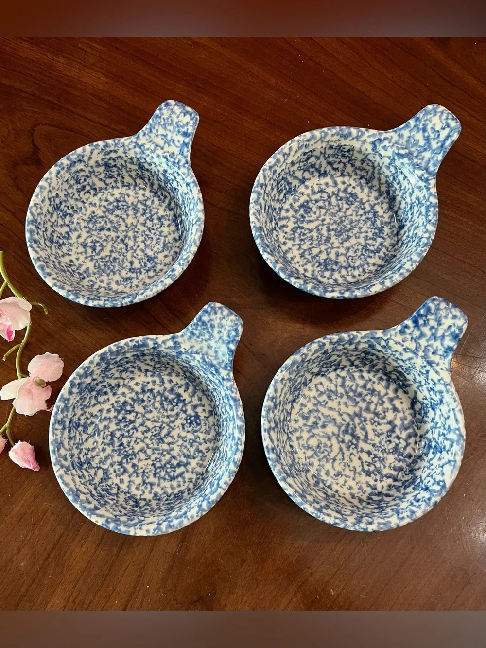 VTG 4-Set Gerald E. Henn Blue Roseville Spongeware Single Handle Soup Bowls
